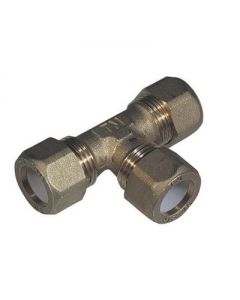 Tee con tre dadi per tubo rame a stringere con ogiva Teflon 3/8 x10mm