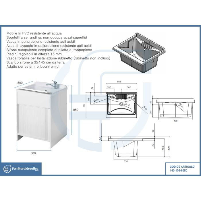 Lavatoio In Plastica Rettangolare 50 Cm - Verde, Rosso O Blu - Per Lavaggio Manuale E Risparmio Idrico - Foto 5